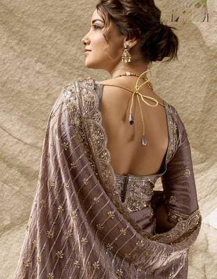 Mauve designer velvet satin embroidered saree with heavy blouse 4