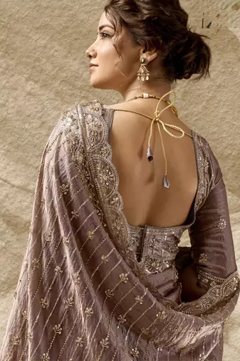 Mauve designer velvet satin embroidered saree with heavy blouse