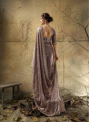 Mauve designer velvet satin embroidered saree with heavy blouse 5