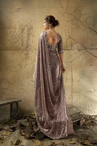 Mauve designer velvet satin embroidered saree with heavy blouse