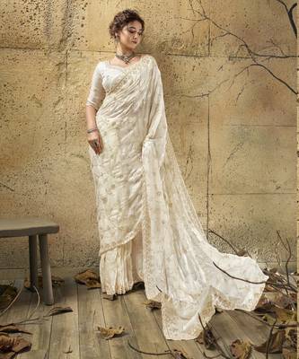 Ivory designer velvet satin embroidered saree with heavy blouse 1