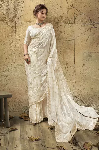 Ivory designer velvet satin embroidered saree with heavy blouse