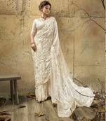 Ivory designer velvet satin embroidered saree with heavy blouse