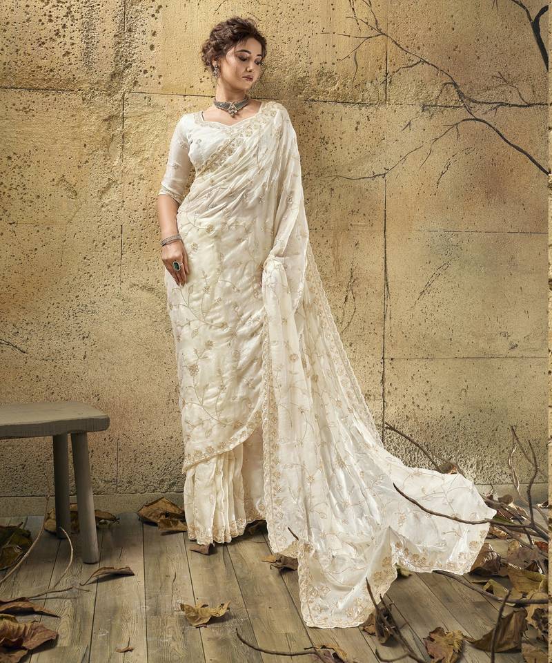Ivory designer velvet satin embroidered saree with heavy blouse