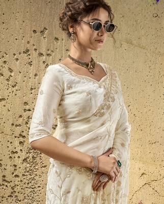 Ivory designer velvet satin embroidered saree with heavy blouse 2