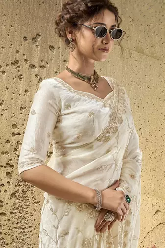 Ivory designer velvet satin embroidered saree with heavy blouse