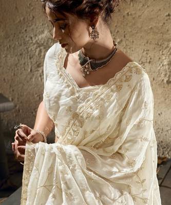 Ivory designer velvet satin embroidered saree with heavy blouse 4
