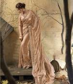 Peach designer velvet satin embroidered saree with heavy blouse