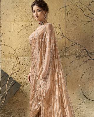 Peach designer velvet satin embroidered saree with heavy blouse 2