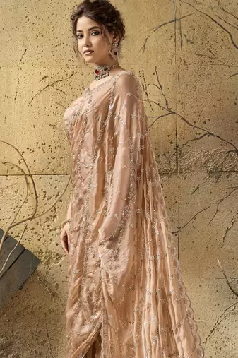 Peach designer velvet satin embroidered saree with heavy blouse