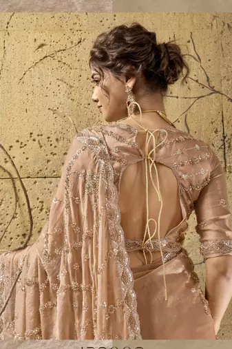 Peach designer velvet satin embroidered saree with heavy blouse