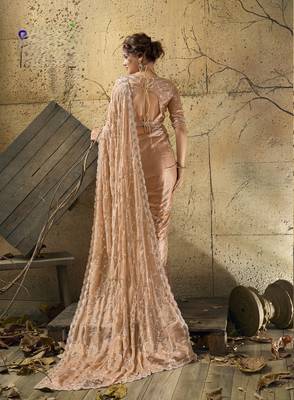 Peach designer velvet satin embroidered saree with heavy blouse 4