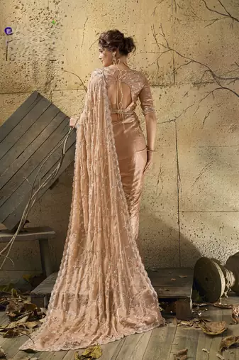 Peach designer velvet satin embroidered saree with heavy blouse