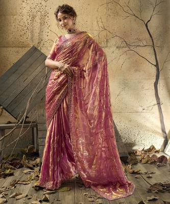 Rani pink designer velvet satin embroidered saree with heavy blouse 1