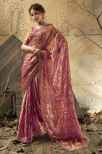 Rani pink designer velvet satin embroidered saree with heavy blouse