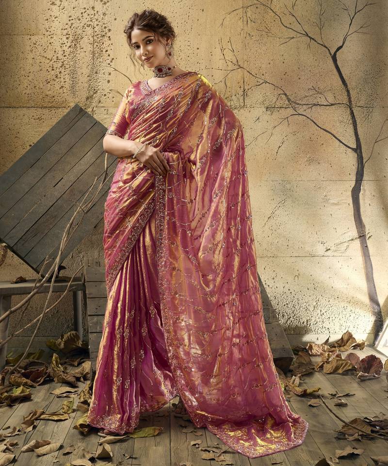 Rani pink designer velvet satin embroidered saree with heavy blouse
