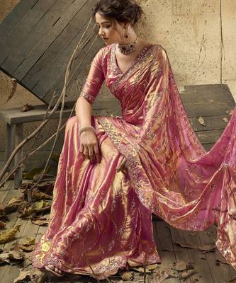 Rani pink designer velvet satin embroidered saree with heavy blouse 2