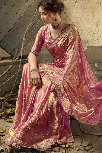 Rani pink designer velvet satin embroidered saree with heavy blouse