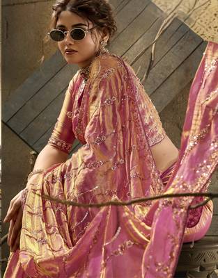 Rani pink designer velvet satin embroidered saree with heavy blouse 3