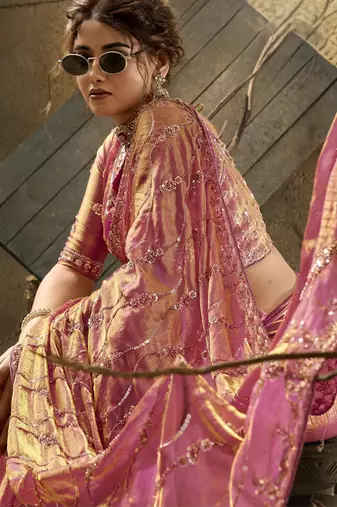 Rani pink designer velvet satin embroidered saree with heavy blouse