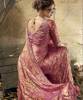 Rani pink designer velvet satin embroidered saree with heavy blouse 4
