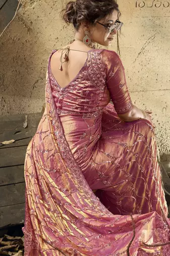 Rani pink designer velvet satin embroidered saree with heavy blouse