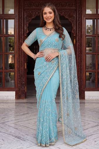 Sky blue designer net beads embroidery saree with unstitched blouse