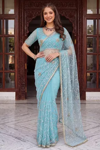 Sky blue designer net beads embroidery saree with unstitched blouse