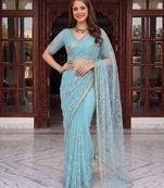 Sky blue designer net beads embroidery saree with unstitched blouse