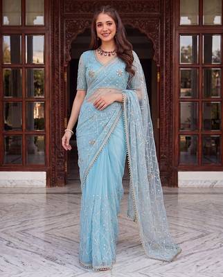 Sky blue designer net beads embroidery saree with unstitched blouse 4