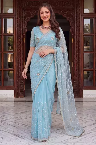 Sky blue designer net beads embroidery saree with unstitched blouse