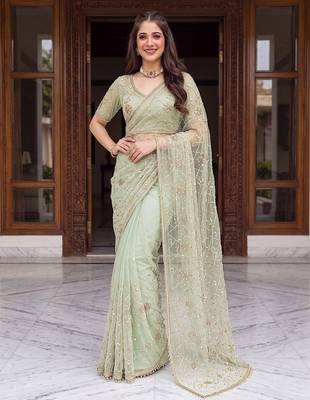 Green designer net beads embroidery saree with unstitched blouse 1