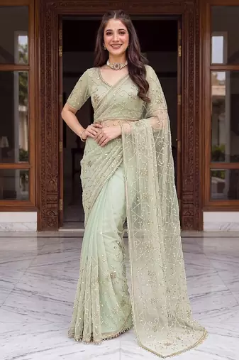 Green designer net beads embroidery saree with unstitched blouse