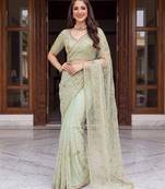 Green designer net beads embroidery saree with unstitched blouse
