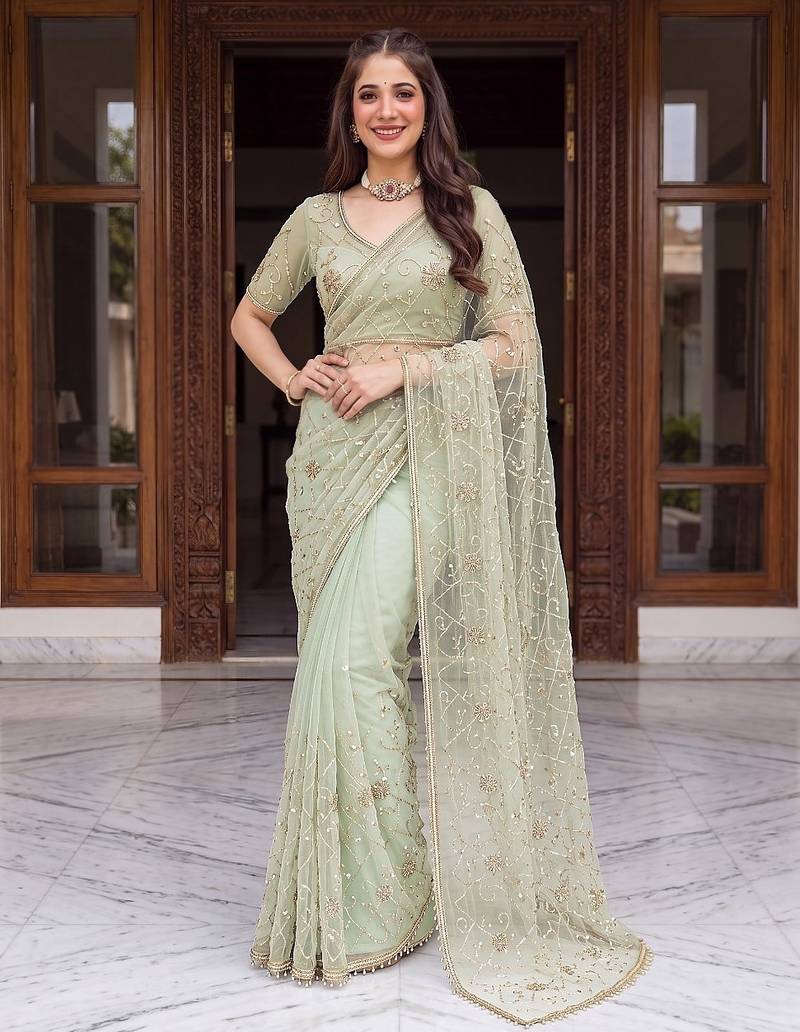 Green designer net beads embroidery saree with unstitched blouse