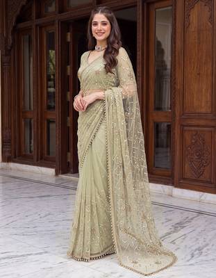 Green designer net beads embroidery saree with unstitched blouse 2