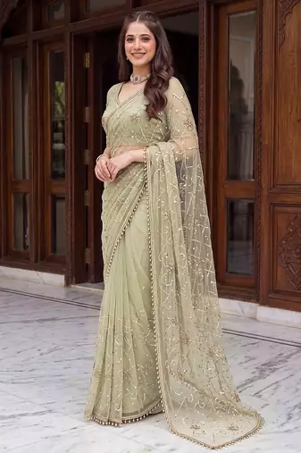 Green designer net beads embroidery saree with unstitched blouse