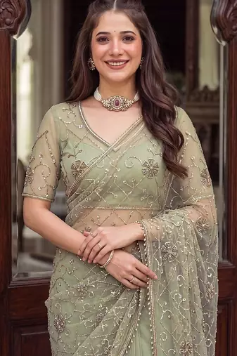 Green designer net beads embroidery saree with unstitched blouse