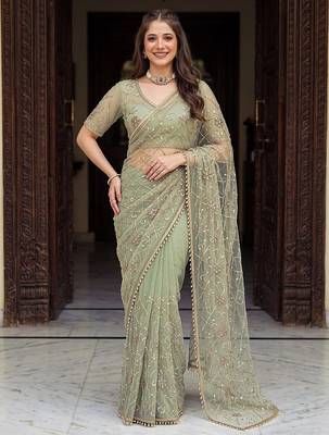 Green designer net beads embroidery saree with unstitched blouse 4