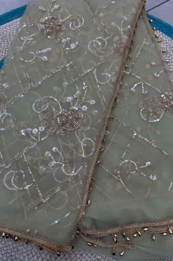 Green designer net beads embroidery saree with unstitched blouse