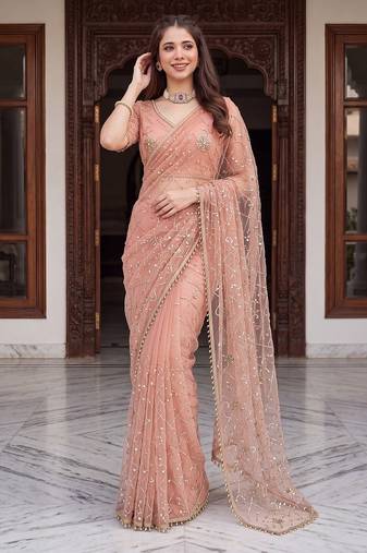 Peach designer net beads embroidery saree with unstitched blouse