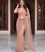 Peach designer net beads embroidery saree with unstitched blouse