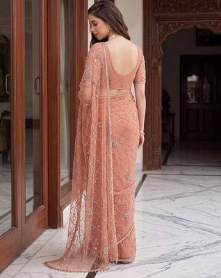 Peach designer net beads embroidery saree with unstitched blouse 2