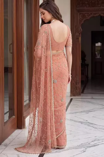 Peach designer net beads embroidery saree with unstitched blouse