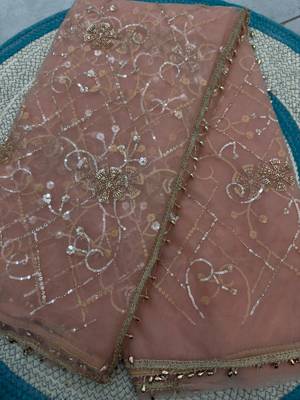 Peach designer net beads embroidery saree with unstitched blouse 4