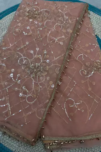 Peach designer net beads embroidery saree with unstitched blouse