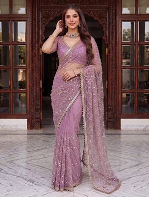 Lavender designer net beads embroidery saree with unstitched blouse 1