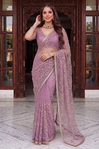 Lavender designer net beads embroidery saree with unstitched blouse