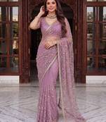 Lavender designer net beads embroidery saree with unstitched blouse