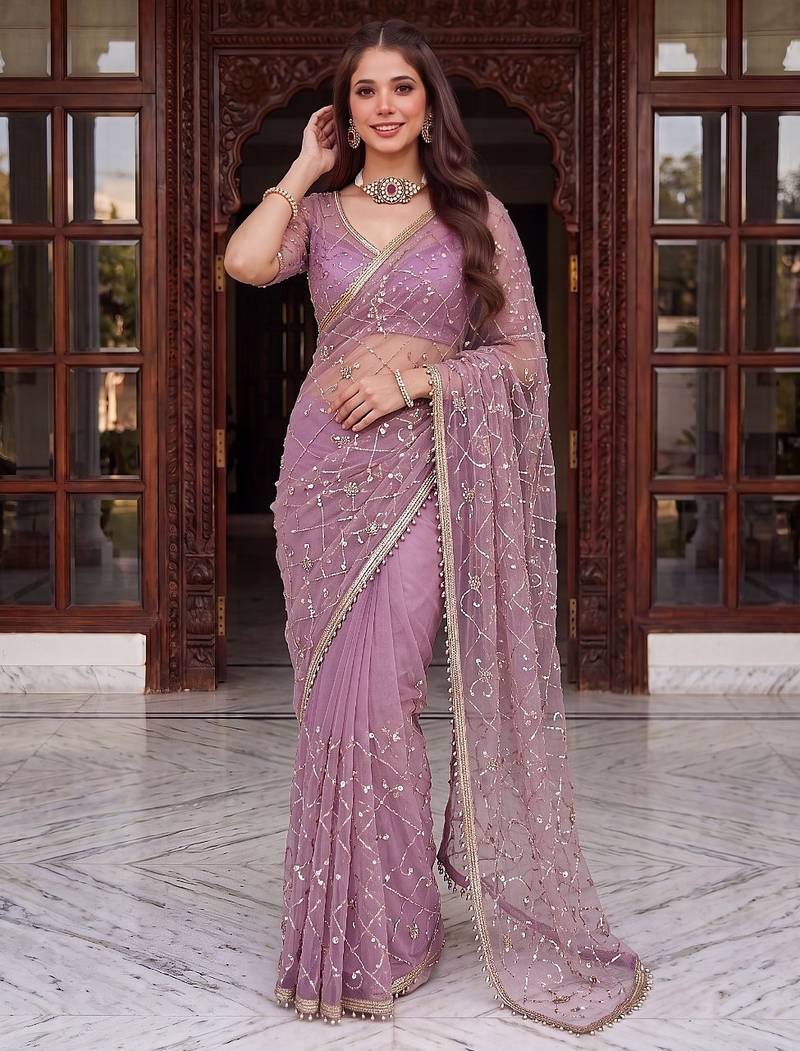 Lavender designer net beads embroidery saree with unstitched blouse